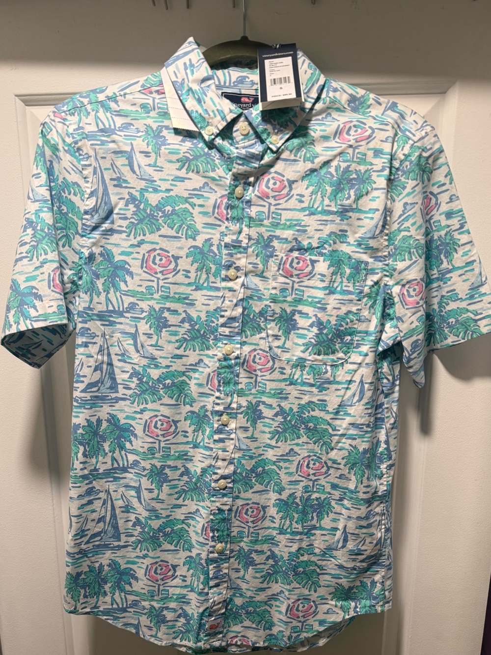 NWT Men’s Vineyard Vines White Short-Sleeve Button-Down w Tropical Print Sz Smal